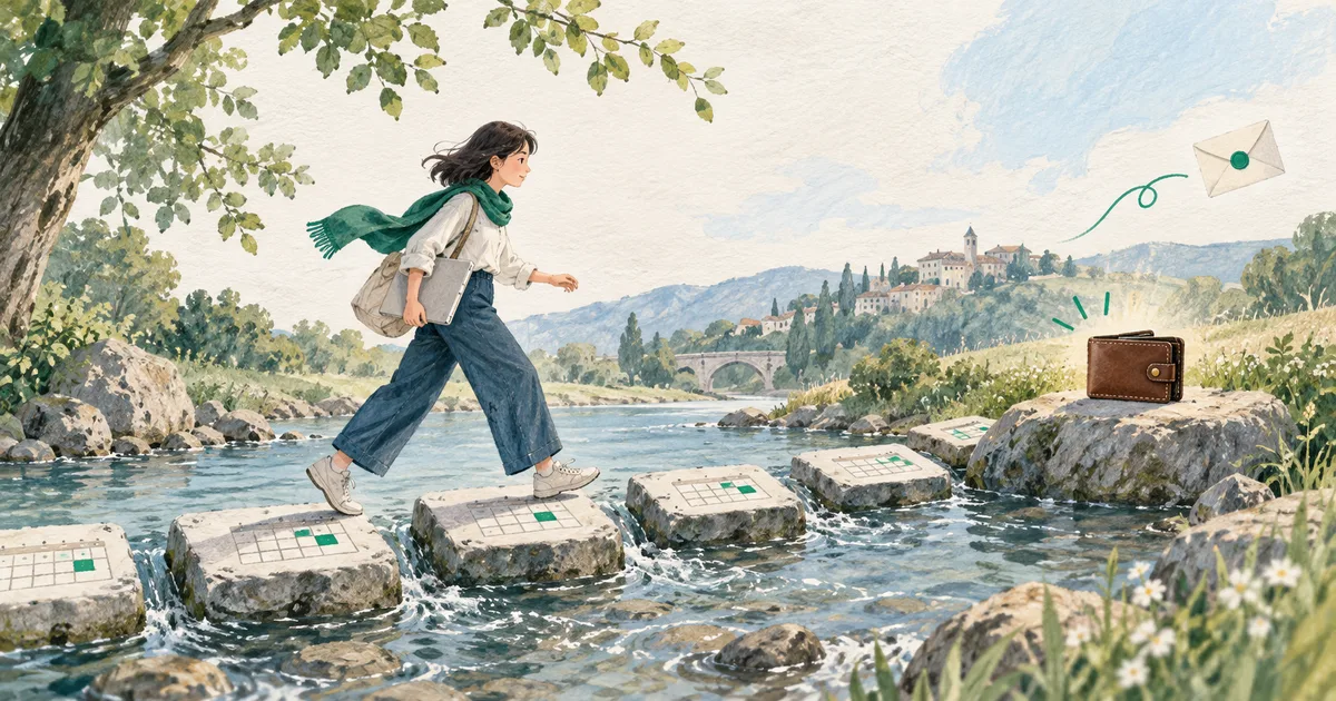 늦게 오는 입금 봉투를 기다리는 달력 모양의 징검다리