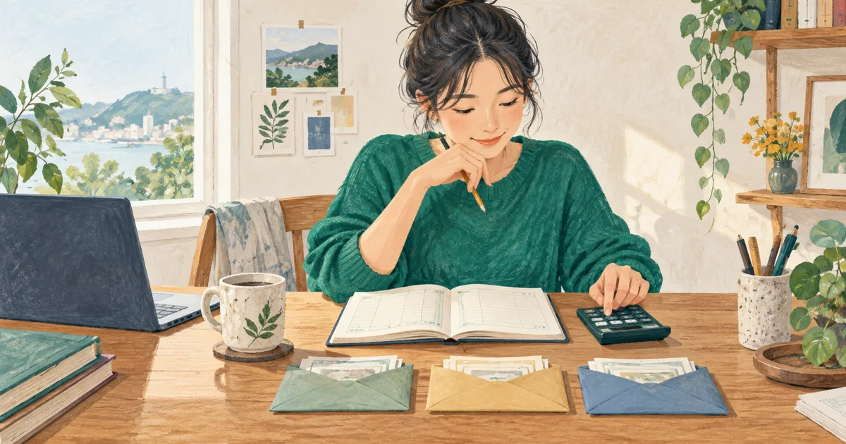 통장 잔액과 목적별 봉투 합계를 계산기로 대조하는 모습
