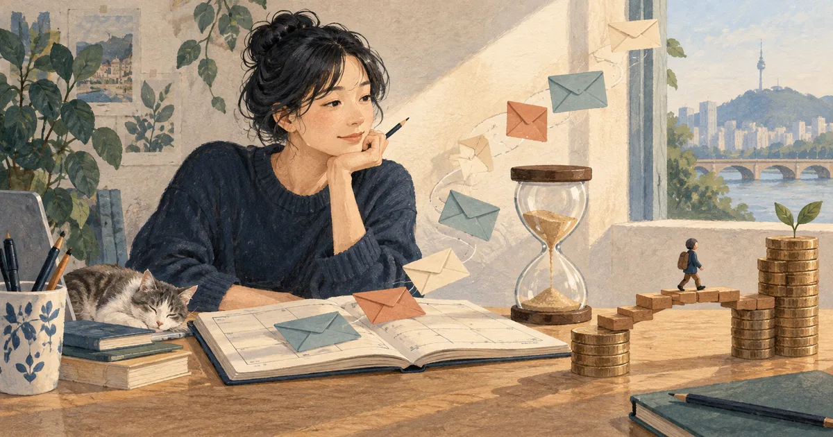 입금 일정표와 봉투, 공백을 연결하는 블록과 모래시계