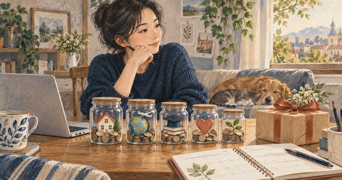 목적별 저금통과 노트북, 선물, 연간 계획표